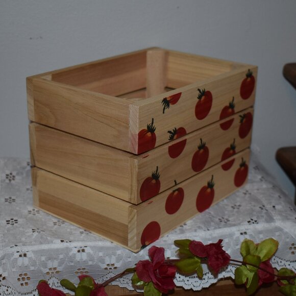 Small Country Cottage Farmhouse Wood Tomato Kitchen Storage Crate Box - Picture 10 of 11
